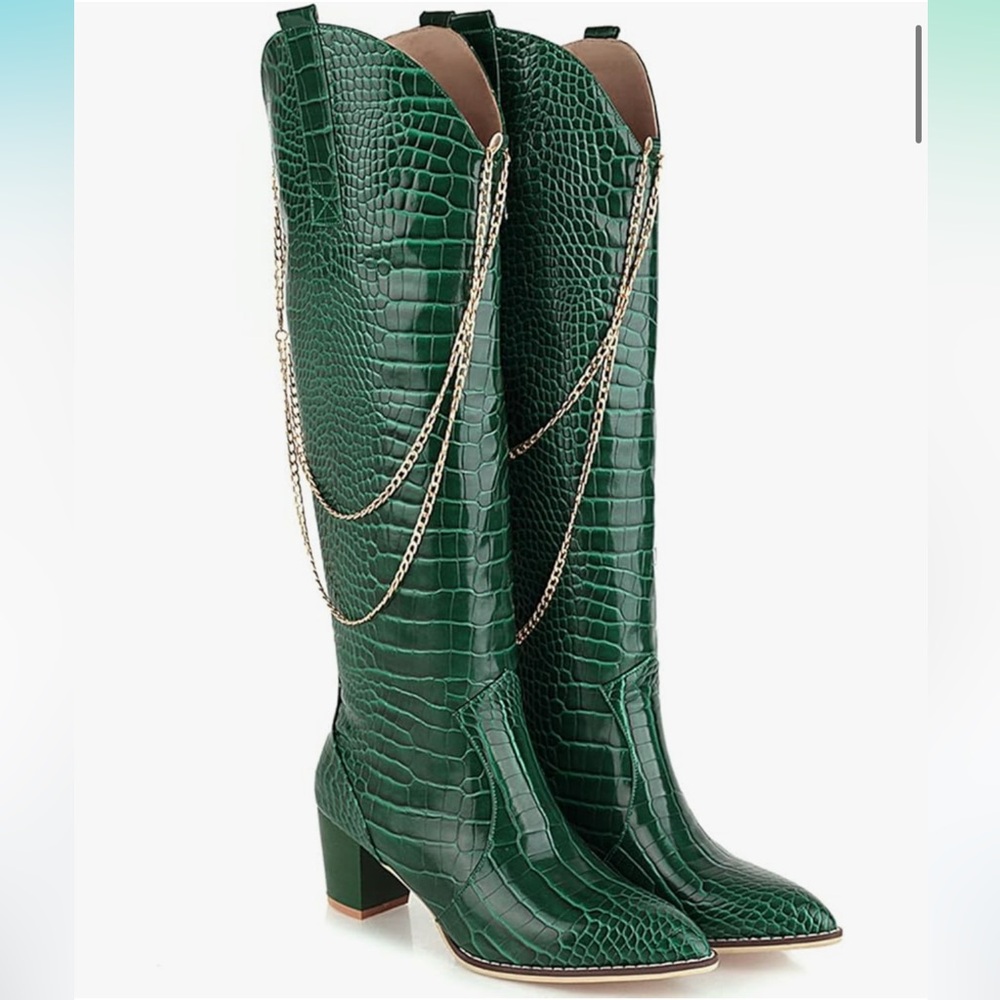 Chunky Heel Knee High Western Boots Wide Calf Pointed Toe Croc Boots Gold Chain